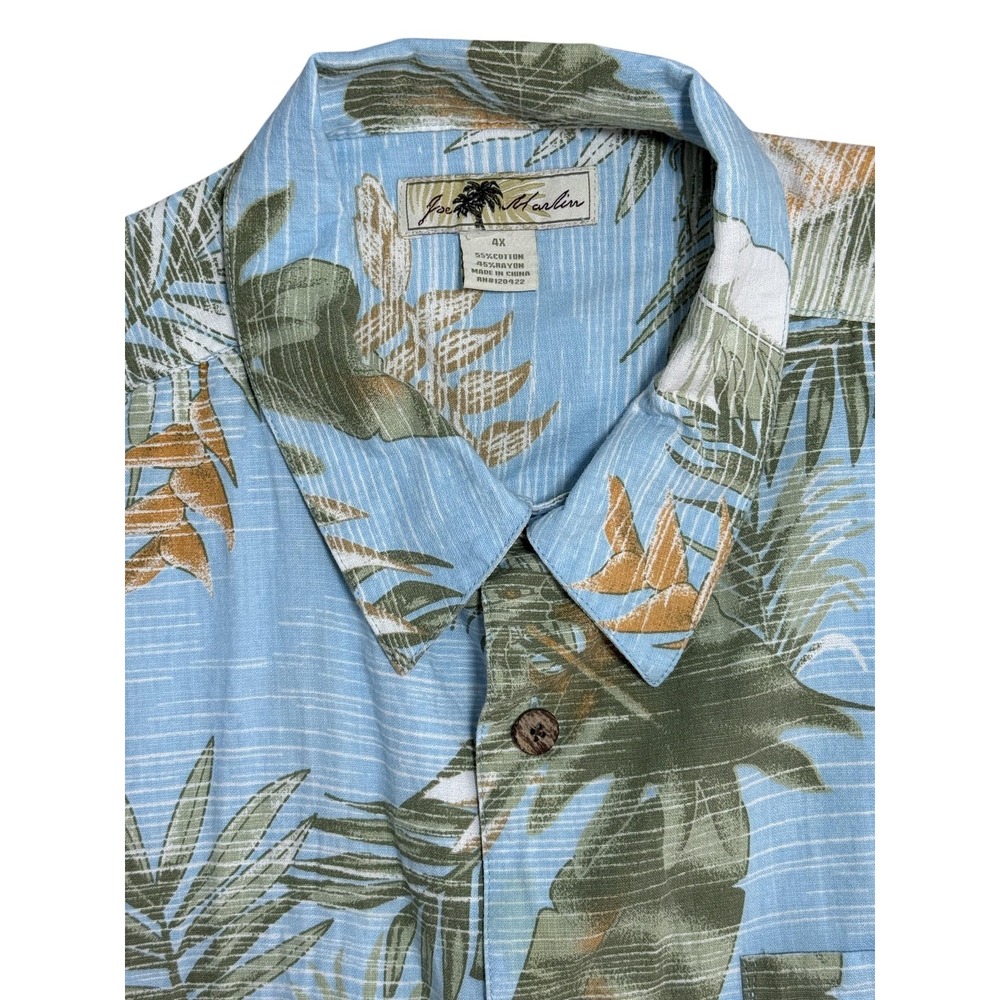 Joe Marlin Shirt Mens Big 4X Blue Hawaiian Palm Print‎ Button Front Aloha